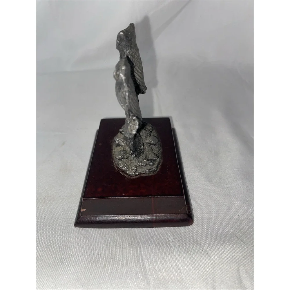 Pewter‎ Owls On Branch with Mushrooms Figurine Wood Base Vintage